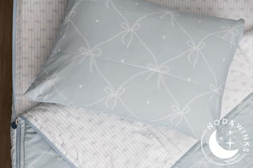 Beddy's Bow & Ribbon Themed Durable Zipper Bedding for Kids, Bed in a Bag, Baby Blue Comforter & White Pinstripe Sheets, Includes Pillowcase & Pillow Sham, Easy to Make & Wash Beddy's