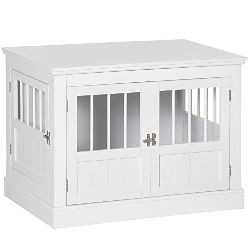 PawHut Dog Crate End Table with Triple Doors, Wooden Dog Crate Furniture Indoor Use, Puppy Crate with and Steel Tubes, for Small Dogs, White PawHut
