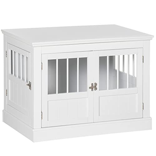 PawHut Dog Crate End Table with Triple Doors, Wooden Dog Crate Furniture Indoor Use, Puppy Crate with and Steel Tubes, for Small Dogs, White - WoodArtSupply