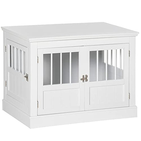 PawHut Dog Crate End Table with Triple Doors, Wooden Dog Crate Furniture Indoor Use, Puppy Crate with and Steel Tubes, for Small Dogs, White PawHut
