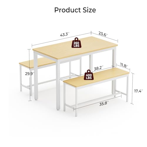 Tatub Dining Table Set for 4, 3-Piece Kitchen Table with 2 Benches, Space-Saving Dining Room Table Set for Breakfast Nook and Small Spaces, Original Tatub