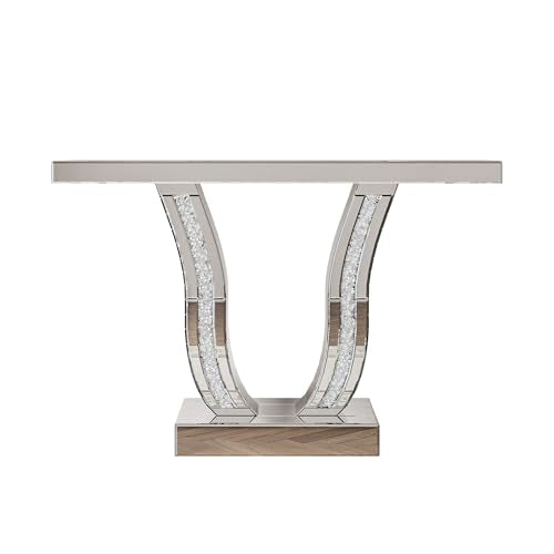 Maotifeys Mirrored Console Table with Crystal-Inlaid U-Shape Base Modern Elegant Silver Glass Entryway Tables for Living Room Luxury Accent Sofa Table with Curved Frame (Silver Table) Maotifeys