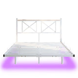 MUZERUL Floating Bed Frame Full Size with LED Lights & Charging Station,Metal Platform Bed Frame Full Size with XX Headboard,No Box Spring Needed,Heavy Duty Steel Slats,Easy Assembly,Noise Free,White MUZERUL