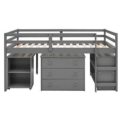 Harper & Bright Designs Kids Low Loft Bed with Rolling Desk and Storage Cabinet, Twin Size Wood Loft Bed Frame with Bookshelf (Grey, Twin) Harper & Bright Designs