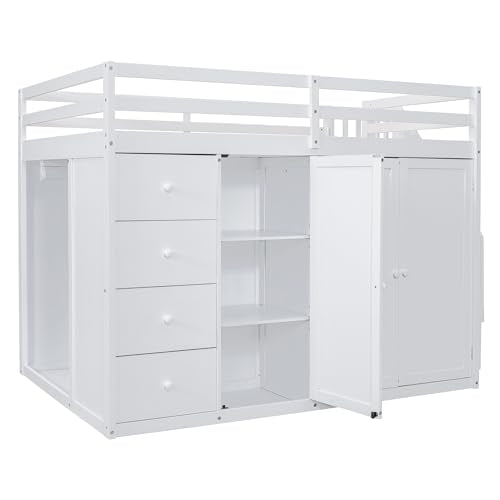 Ball & Cast Full Size Loft Bed with Storage Staircase & Safety Guardrail,Sturdy Wood Bedframe W/ 3 Cabinets & 4 Drawers,Built-in Wardrobes,Space Saving,for Boy Girl Kids Small Bedroom Dormitory,White Ball & Cast