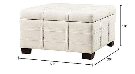 OSP Home Furnishings Detour Strap Square Storage Ottoman with Tray and Solid Wood Legs, Linen Fabric Office Star Products
