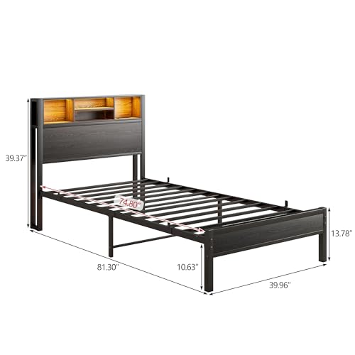 WDYLWFHW Twin Size LED Bed Frame with Storage Bookcase Headboard,Single Metal Platform Bed with Charging Station,No Box Spring Needed, Easy Assembly (Black, Twin) WDYLWFHW
