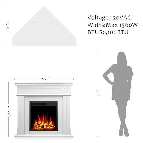 44" Corner Electric Fireplace with Mantel Package Freestanding Fireplace Heater Corner Firebox with Log & Remote Control,750-1500W,White Xbeauty