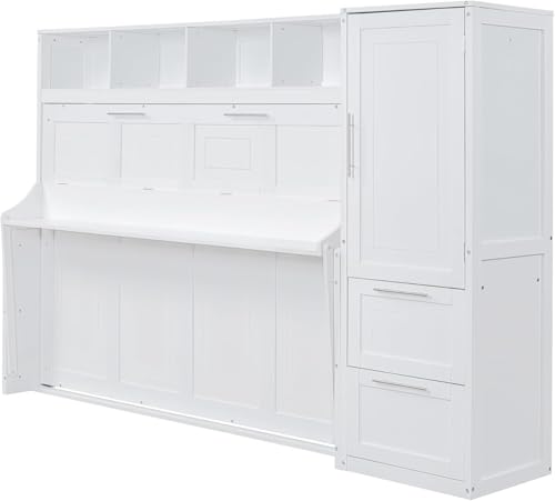 Virubi Queen Horizontal Murphy Bed with Storage Wardrobe Closet,2 Drawer,4 Storage Shelves,Wood Folding Murphy Wall Bed Cabinet for Adult (Grey,Queen) Virubi