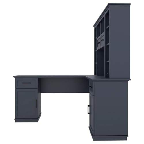 Hlcodca L Shaped Computer Desk with Drawers, Bookshelf & Hutch, Modern Corner Home Office Desk, L-Shaped Study Table Writing Corner Gaming Computer Desk with Storage (Antique Blue) Hlcodca