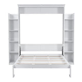 HABITRIO Queen Size Murphy Bed, Wooden Queen Murphy Bed Wall Bed with LED Lights and Shelves, White HABITRIO