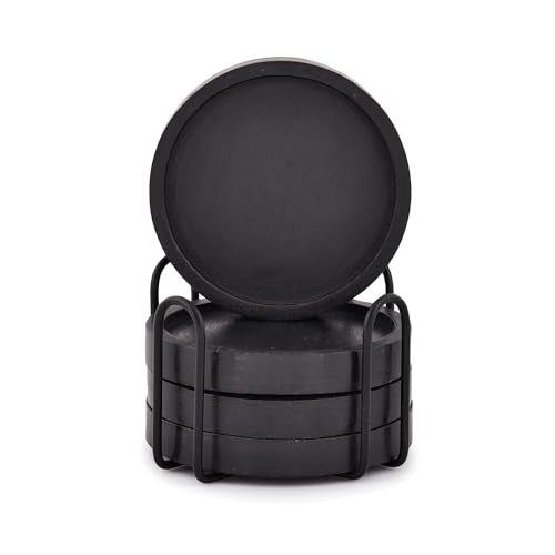 NIRMAN Wooden Coasters for Drinks Coffee Table, Round Drink Coasters with Holder for Tabletop Protection, Set of 4 (4" x 4" x 0.5") (Black) NIRMAN