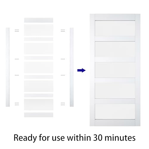 BARNSMITH 32in x 80in Glass Barn Door Slab,5-Panel Frosted Glass Solid Wood Slab with Water-Proof PVC Surface,No Pre-drilled Holes,Door Panel Only,White BARNSMITH
