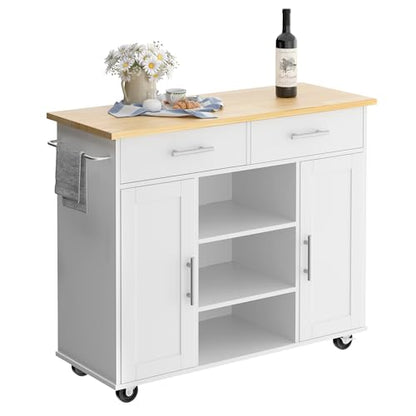 Shintenchi Kitchen Storage Island Cart with 3 Open Shelves, 2 Drawers and 2 Cabinets, Kitchen Cart on Wheels with Handle/Towel Rack, White