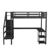 Full Size Loft Bed with Desk and Stairs Metal Full Loft Bed with Storage Wardrobe and Charging Station Adult Loft Bed with LED Lights and Adjustable Shelf for Kids Teens, Black Mirightone