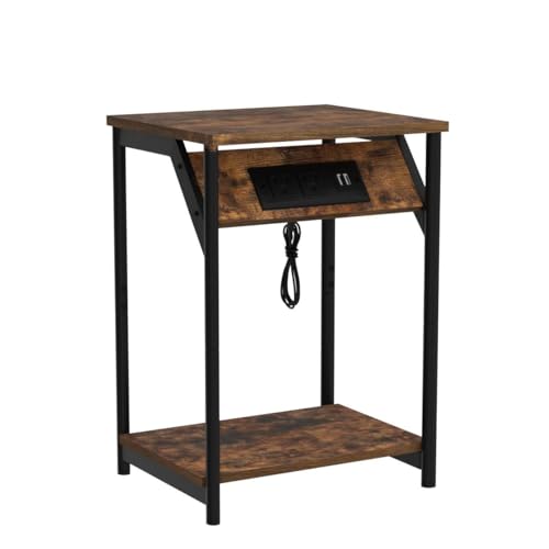 VASAGLE End Table with Charging Station, Set of 2, Small Side Tables for Living Room, Bedroom, Nightstand with Outlets and USB Ports, Bedside Table with Storage Shelf, Rustic Brown and Black VASAGLE