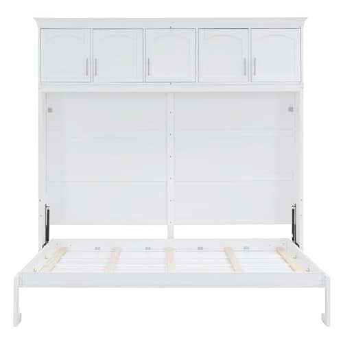Merax Modern Farmhouse Solid Wood Murphy Bed Chest with Top Cabinets, Tall Wall Platform Bed Space Saving/Wood Slat Support Full,White Merax