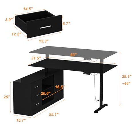 Hitow L Shaped Standing Desk Height Adjustable, 63" W Electric Sit Stand Desk with Drawers & Storage Cabinet, Reversible Home Office Table Corner Computer Workstation, Modern Black (29.1"-44" H) Hitow
