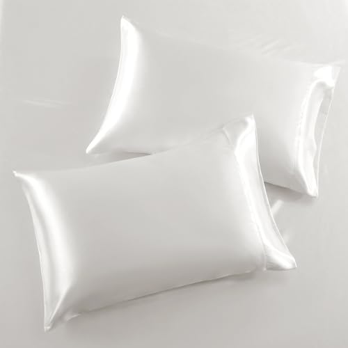 SiinvdaBZX 3-Piece Set Satin Twin Fitted Sheet & 2 Pillowcase, Ivory White Silky Soft Fitted Bottom Sheet, Wrinkle Free, Fade Resistant, Deep Pocket Bed Sheet (Deep Up to 15") SiinvdaBZX