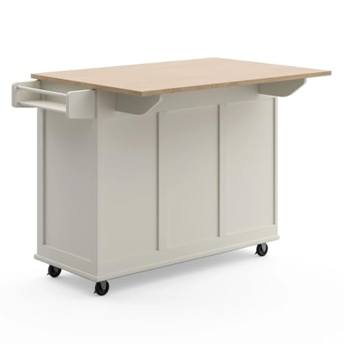 Homestyles Mobile Kitchen Island Cart with Wood Drop Leaf Breakfast Bar, Off White,Soft White, 54 Inch Width