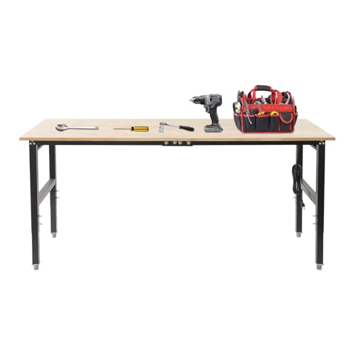 Adjustable Workbench with Power Outlets, 72"x25" Heavy-Duty Work Table, Oak Wood & Carbon Steel Workbench, 3000lbs Load Capacity, Height Adjustable, Utility Table for Garage, Workshop, Office NECKCLOUSE