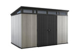 Keter Artisan 11x7 Modern Resin Outdoor Storage Shed Kit-Perfect to Store Patio Furniture, Garden Tools Bike Accessories, Beach Chairs and Lawn Mower, Grey & Black Keter