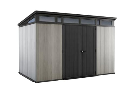 Keter Artisan 11x7 Modern Resin Outdoor Storage Shed Kit-Perfect to Store Patio Furniture, Garden Tools Bike Accessories, Beach Chairs and Lawn Mower, Grey & Black Keter