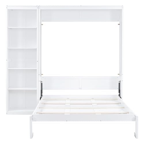 Merax Queen Size Murphy Bed Wall Bed with Storage Shelves, Space-Saving Design Foldable Platform Bed Frame, Fold into The Wall, Multifunctional Bed for Guest-Room, Home, Office, White Merax