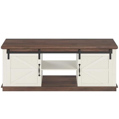 UPOSOJA Farmhouse Coffee Table for Living Room with Storage & 4 Sliding Barn Doors, Adjustable Shelves, Modern Rectangular Rustic Living Room, Meeting Room, Hall Coffee Tables (White+Brown) UPOSOJA