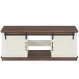 UPOSOJA Farmhouse Coffee Table for Living Room with Storage & 4 Sliding Barn Doors, Adjustable Shelves, Modern Rectangular Rustic Living Room, Meeting Room, Hall Coffee Tables (White+Brown) UPOSOJA