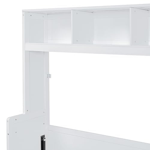YOPTO Queen Size Horizontal Murphy Bed,Hidden Folding Wall Bed Frame with Built-in Top Shelf,Side Wardrobe & 2 Storage Drawers,Multipurpose Platform Bed,Space Saving,for Guest Room,Home Office,White YOPTO