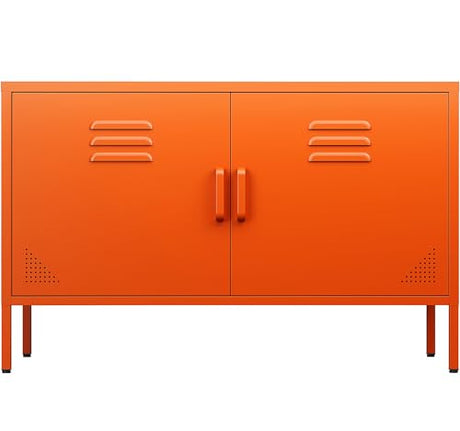 SISESOL Orange Metal Storage Cabinet with Doors and Shelves,2 Door Wide Metal Locker Accent Storage Cabinet with Leg & Vent Hole,Wide TV Cabinets,Low Side Cupboard for Home,Office,Dining/Living Room SISESOL