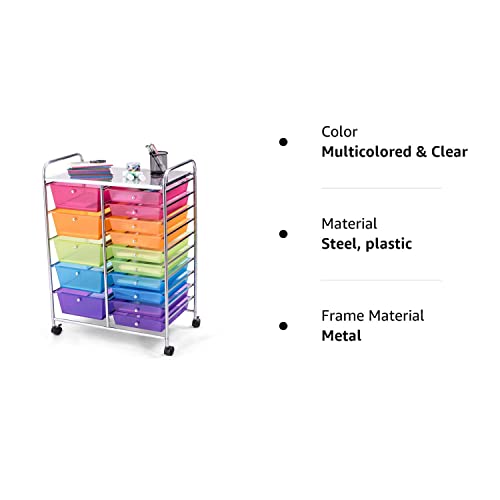 GOFLAME 15-Drawer Rolling Storage Cart, Multipurpose Movable Organizer Cart, Utility Cart for Home, Office, School, Rainbow GOFLAME