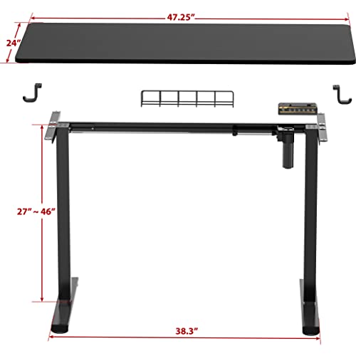 SHW Electric Height Adjustable Sit Stand Desk with Hanging Hooks and Cable Management, 48 x 24 Inches, Black Frame and Black Top SHW