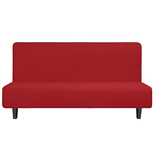 Easy-Going Stretch Futon Slipcover Armless Futon Bed Cover Furniture Protector Without Armrests with Elastic Bottom for Kids, Soft Jacquard Fabric Small Checks (Large, Christmas Red) Easy-Going