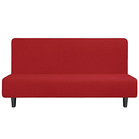 Easy-Going Stretch Futon Slipcover Armless Futon Bed Cover Furniture Protector Without Armrests with Elastic Bottom for Kids, Soft Jacquard Fabric Small Checks (Large, Christmas Red) Easy-Going