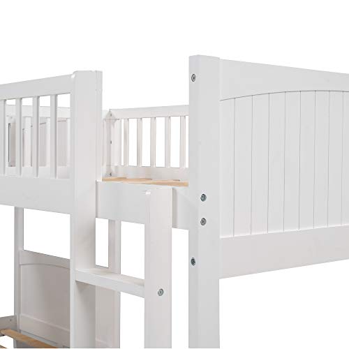 Merax L Shaped Bunk Beds for 3, Triple Bunk Bed with Ladders and 2 Storage Drawers, Twin Over Twin Bunk Bed with Twin Size Loft Bed Attached, Wooden Bunk Bed Frame for Kids Teens Adults,White Merax