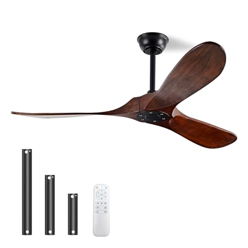 YKXONFA Solid Wood Ceiling Fans Without Light, 52 inch Real Wood Ceiling Fan with 6-Speeds 3 Wood Blades, Indoor Outdoor Ceiling Fans for Garage, Farmhouse, Living Room, Bedroom, Office