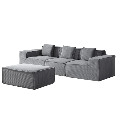 Container Furniture Direct Rowan Convertible Corduroy Sectional Couch with Ottoman & Pillows, Modular L Shaped Sleeper Sofa, Boneless Cloud Couch for Living Room Furniture, Dark Grey Container Furniture Direct