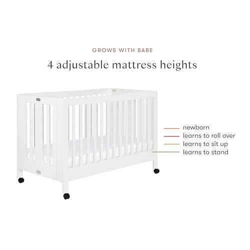 Babyletto Maki 2-in-1 Baby Crib Convertible to Toddler Bed - GREENGUARD Gold Certified Portable Folding Wood Crib w/ Toddler Conversion Kit - 4 Adjustable Heights, Easy to Assemble - White