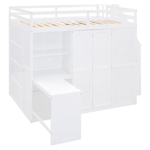 Harper & Bright Designs Full Size Loft Bed with Stairs and Desk, Wood Full Loft Bed with Wardrobe & Storage Shelves, Full Storage Bed for Kids Teens, White Harper & Bright Designs