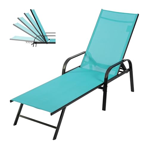 DUMOS Outdoor Lounge Chaise, 5-Position Aluminum Chaise Lounge with Armrests, Sun Tanning Chair 350 lbs Heavy Duty Patio Pool Chair, Waterproof Sun Lounger for Deck, Backyard, Beach & Poolside, Blue
