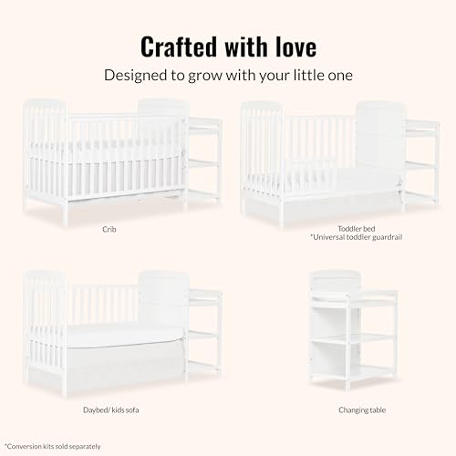 Dream On Me Anna 3-in-1 Convertible Full-Size Baby Crib & Changer with Storage in White, GreenGuard Gold & JPMA, Pinewood, Converts to Day & Toddler Bed, 3 Mattress Heights, 1″ Changing Pad