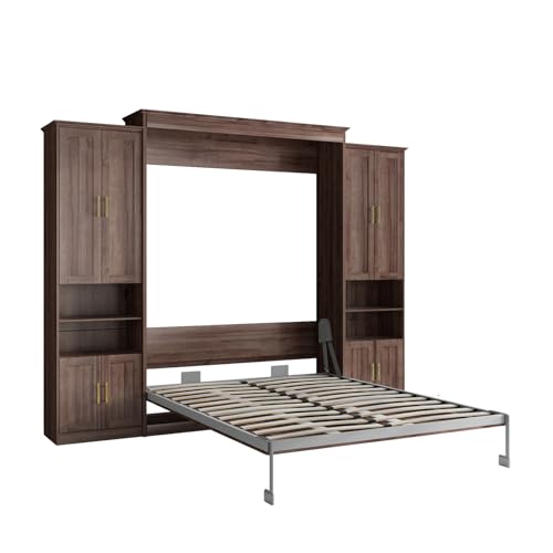 Rophefx Murphy Bed Queen with 2 Side Cabinet Storage Shelves, Queen Wall Bed Cabinet with USB Port, Wood Foldable Platform Bed Frame, Space Saving Beds, Modern Hidden Bed for Guest Room, Home, Walnut Rophefx