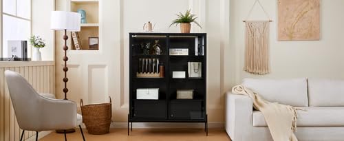 Virubi 51.2'' Display Cabinet with Glass Doors, Drawers and LED Light, Wood Curio Display Case with Storage and 4-Tier Adjustable Shelves, for Living Room, Office, Freestanding (Black) Virubi