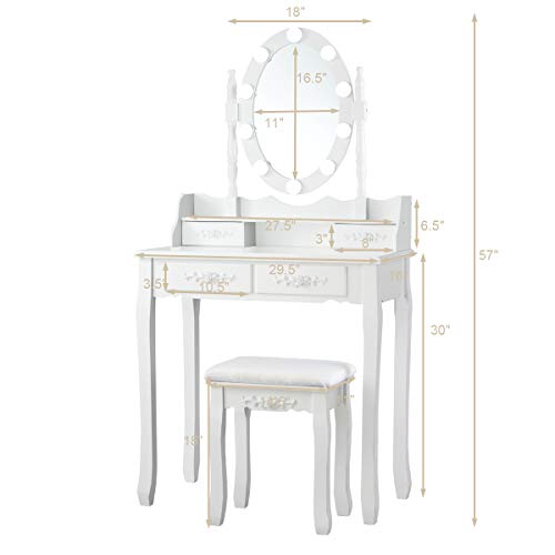 Giantex Makeup Vanity Table with 10 LED Lights, Adjustable Brightness, 3 Color Light Modes, 4 Drawers, Rotatable Mirror, Cushioned Stool, Vanity Desk Dressing Table Bedroom Furniture (White) Giantex