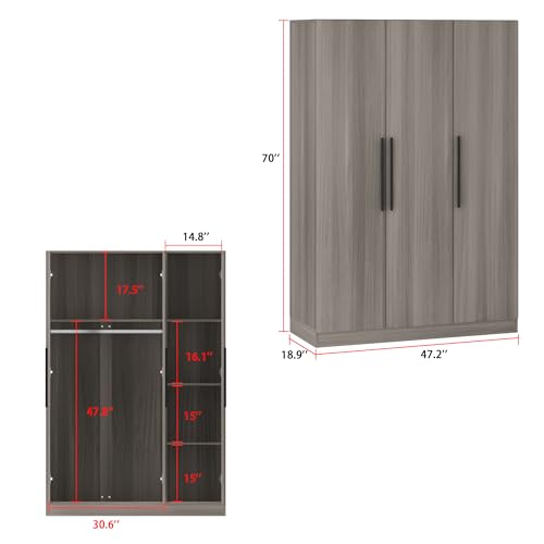 ECACAD Wardrobe Armoire with 4-Tier Shelves, Hanging Rod and 3 Doors, Wooden Closet Storage Cabinet for Bedroom, Brown Grey (47.2”W x 18.9”D x 70”H) ECACAD