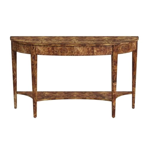 Beaumont Lane Traditional Demilune Console Table, Medium Brown Burl Wood Veneer, 54" W x 15" D x 32" H, Rubberwood Frame, Tapered Legs, Lower Shelf, Entryway or Living Room Furniture Beaumont Lane