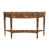 Beaumont Lane Traditional Demilune Console Table, Medium Brown Burl Wood Veneer, 54" W x 15" D x 32" H, Rubberwood Frame, Tapered Legs, Lower Shelf, Entryway or Living Room Furniture Beaumont Lane
