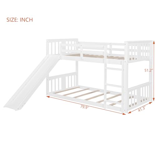 Ball & Cast Bunk Bed Twin Over Twin Beds,with Slide and Ladder,Wood Low Floor Bedframe w/Full-Length Guardrail & Space Saving,No Box Spring Needed,Bedroom Furniture for Student Dorms,White Ball & Cast